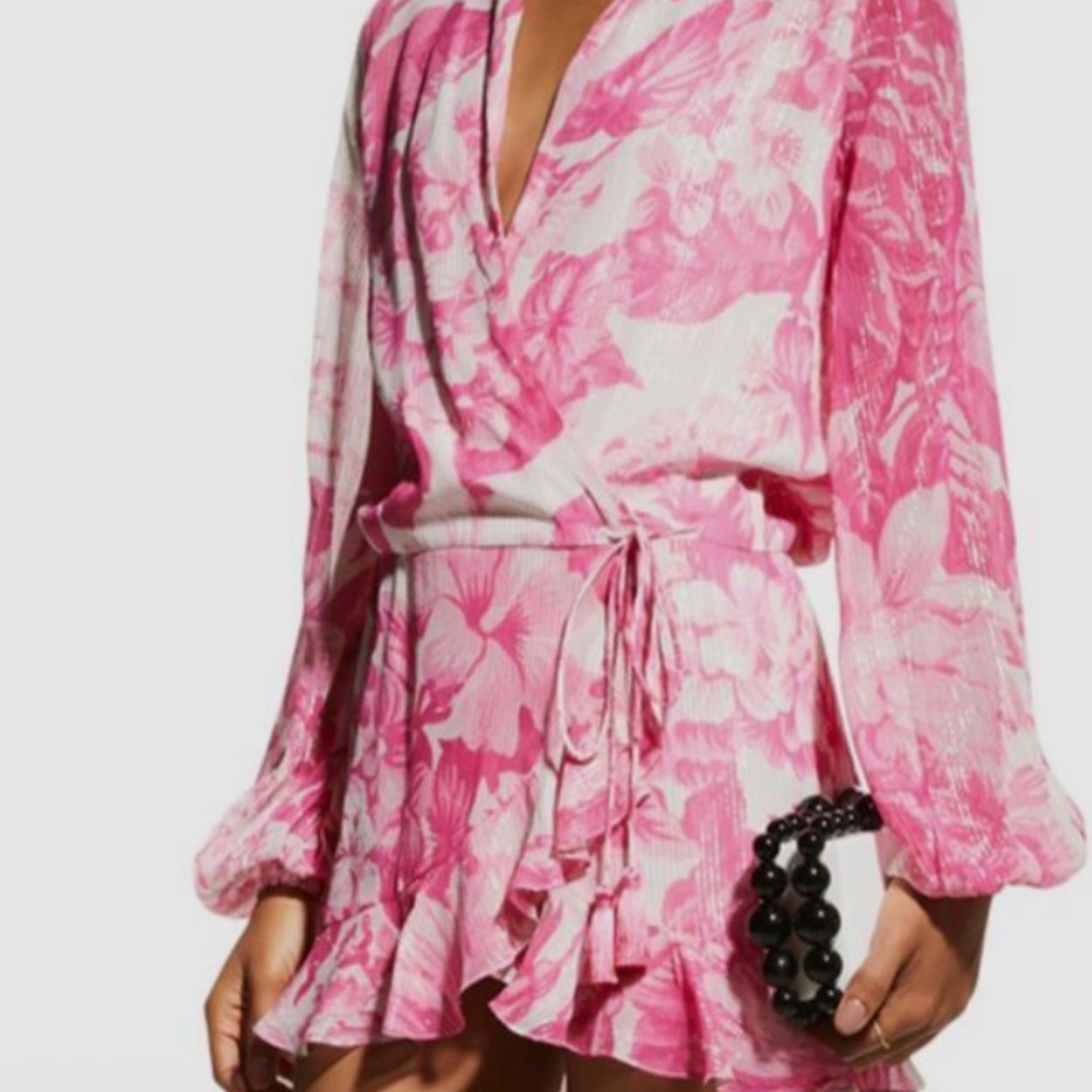 New Rococo Sand Lurex Floral Dress. Pink. XS.